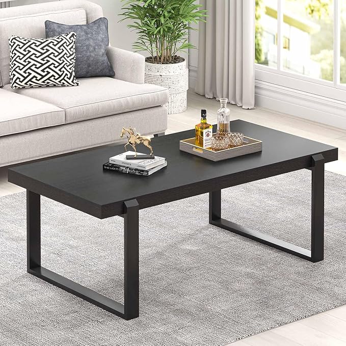 FOLUBAN Black Coffee Table, Modern Industrial Wood and Metal Center Table by FOLUBAN