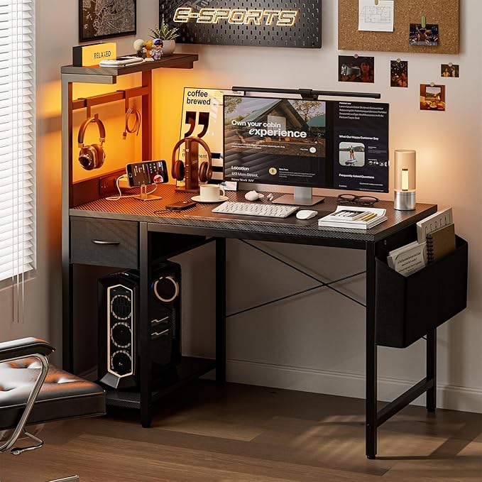 Gaming Desk 55 Inch with Power Outlet and LED Light, Computer Desk with - Image 2