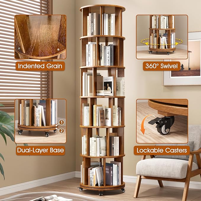 6 Tier Solid Wood Rotating Bookcase - Image 6