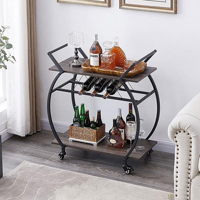 LVB Bar Cart with Wine Rack, 2 Tier Kitchen Cart on Wheels, Industrial Wood and - Image 7
