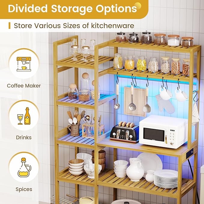 Bakers Rack with Power Outlet, Coffee Bar, 10-Tier Kitchen Shelves with 8 Hooks - Image 6