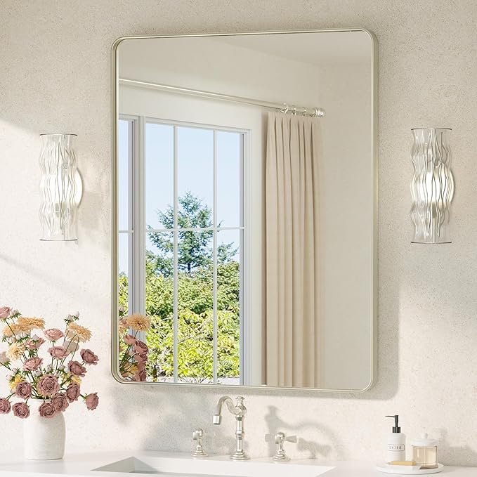 TETOTE Brushed Nickel Mirror 28 x 36 Brushed Nickel Metal Framed Bathroom Mirror by TETOTE