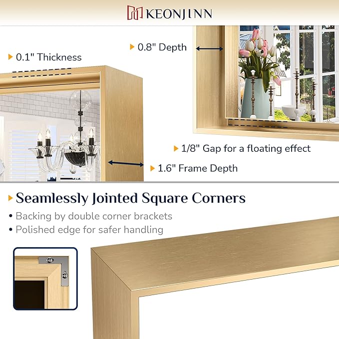 Keonjinn Brushed Gold Bathroom Mirror 42 x 36 Inch Metal Frame Rectangular - Image 3