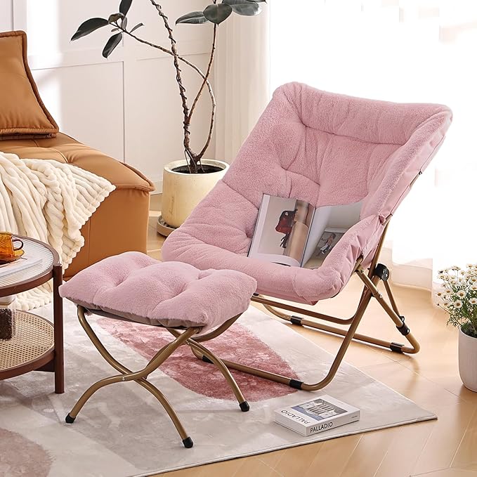 Comfy Folded Chair with Ottoman, Oversized Folding Faux Fur Chair Soft Furry - Image 2