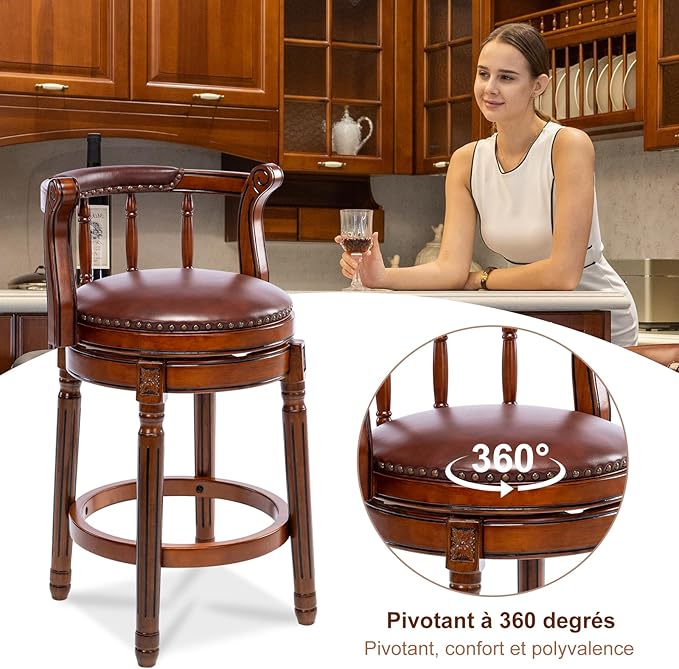 Cow top Leather Wooden Bar Stools, 360 Degree Swivel Bar Height Chair - Image 8