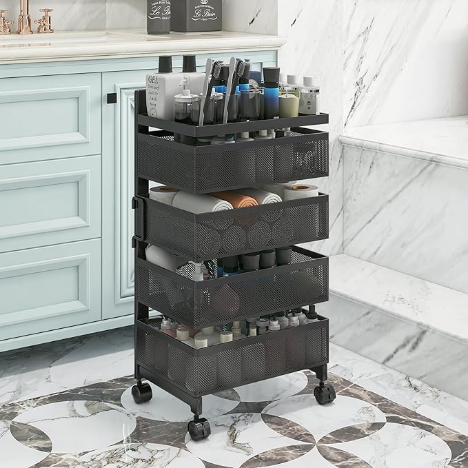 Bathroom Rotating Storage Cart No Assembly Required 4-Tier Metal Sturdy Fruit - Image 3