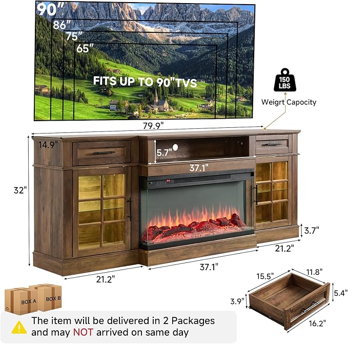 ROCKPOINT 3 Sided Glass 80" Fireplace TV Stand - Image 2