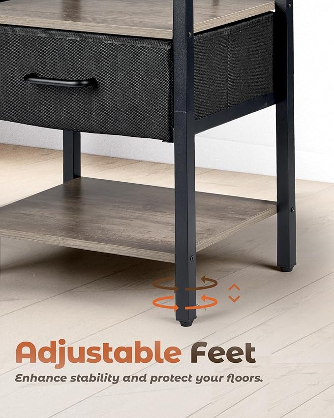 Nightstand with Charging Station, Bed Side Table with Fabric Drawer, 3-Tier - Image 8
