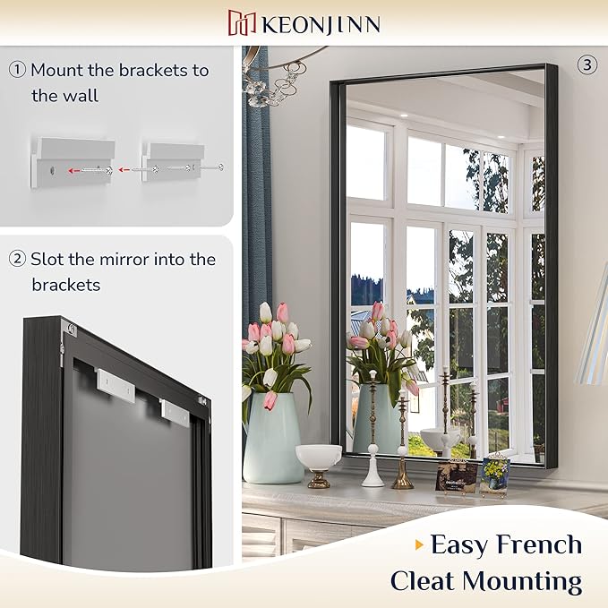 Keonjinn Black Bathroom Mirror 24 x 36 Inch Rectangular Wall Mirror Brushed - Image 4