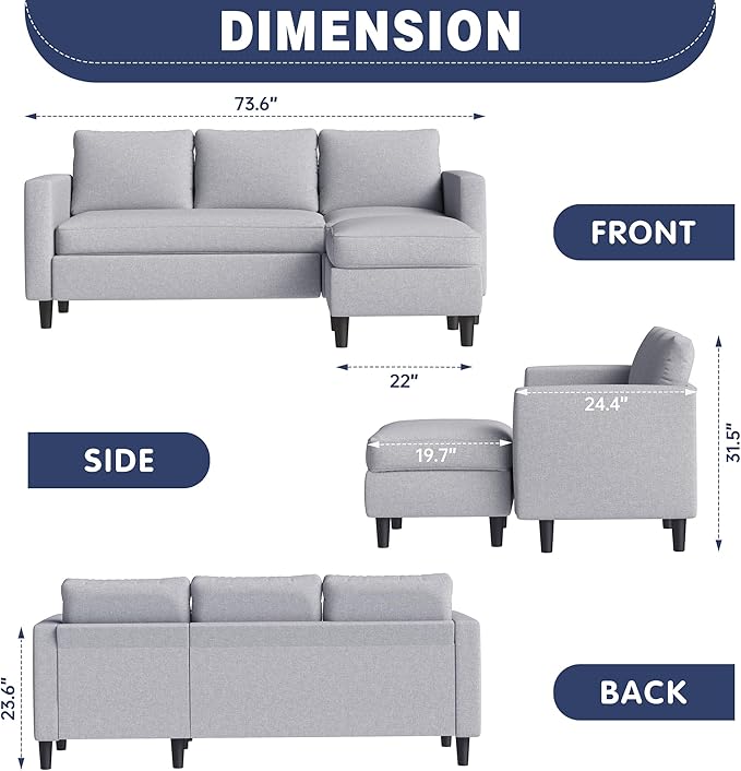 Small Sectional Sofa Couch, 3 Seat L Shaped Couches - Image 2