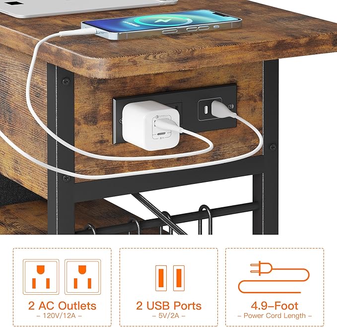 End Table with Charging Station, Flip Top Nightstand with USB Ports and Outlets - Image 7