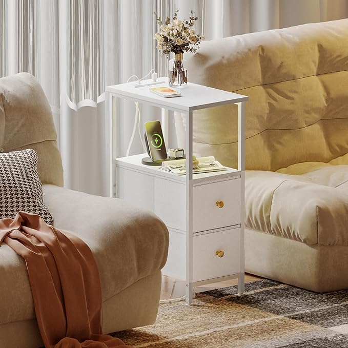 Fixwal Narrow Side Table with Charging Station and LED Light, Skinny Nightstand - Image 2
