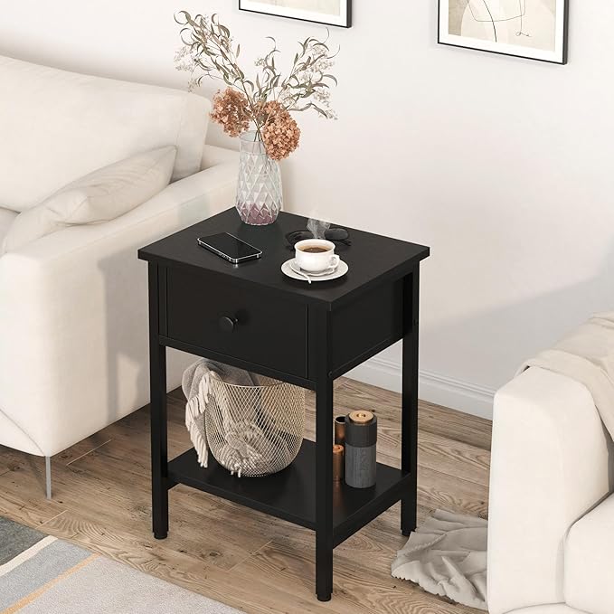 Nightstands Set of 2 with Drawers, Bedside Table Set of 2 with Storage Shelf - Image 2