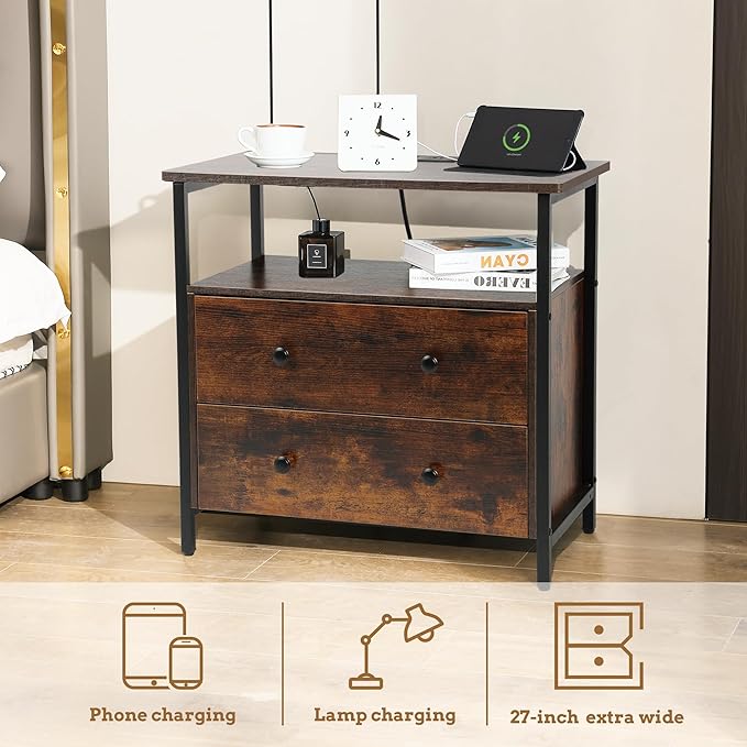 27 inch Wide Nightstand with Charging Station, Bedside Table with Open Shelf - Image 4