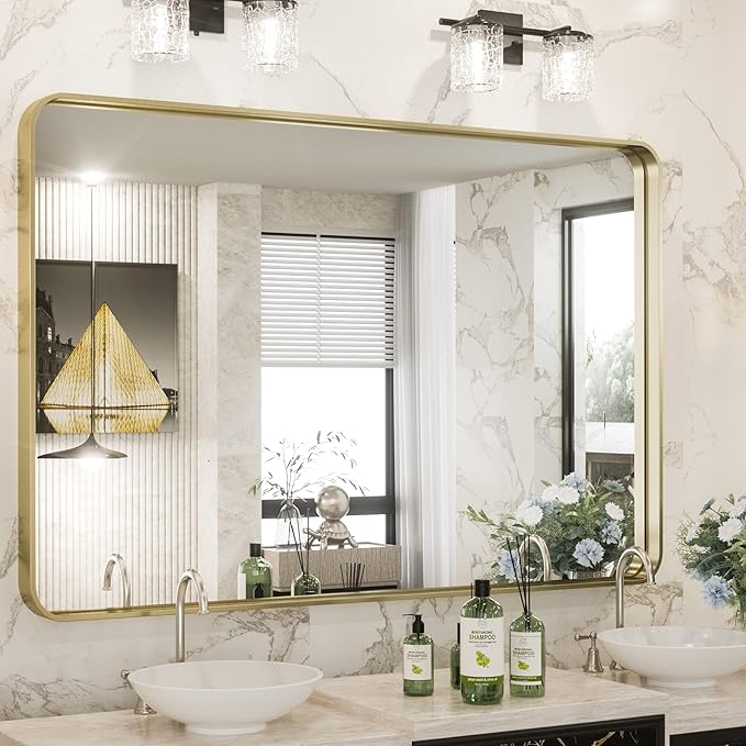 TokeShimi Gold Bathroom Mirror for Wall 40 x 30 Inch Rounded Corner Rectangle by RefinedBathroomAccessories