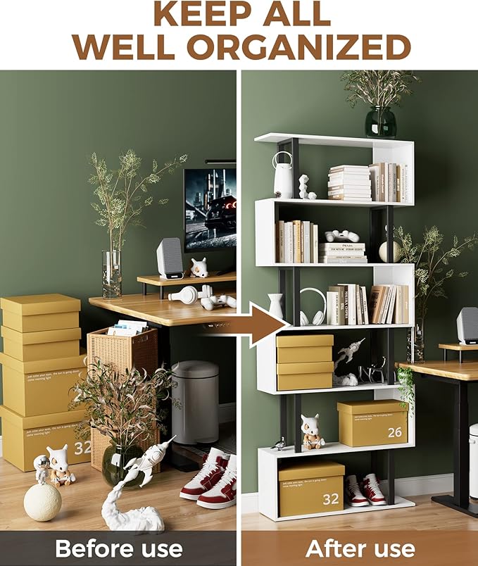 Gadroad 6 Tier Geometric Bookcase, S Shaped Bookshelf, Wood Decorative Storage - Image 7
