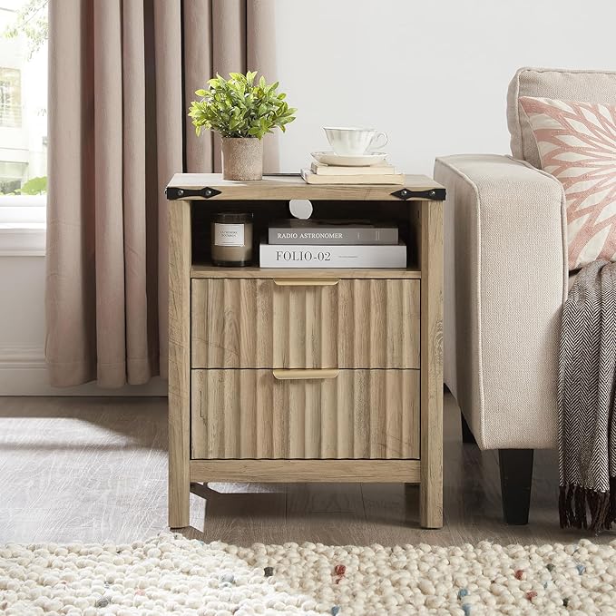 Fluted Nightstand with Charging Station Set of 2-20 Inch Wide Farmhouse Bedside - Image 2