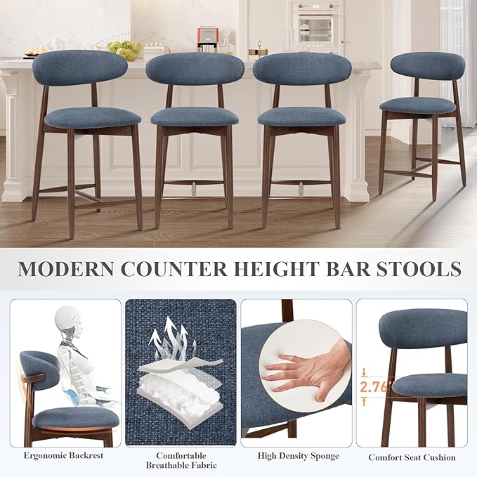 Upholstered Counter Height Bar Stools Set of 2, Modern Kitchen Island Barstools - Image 4
