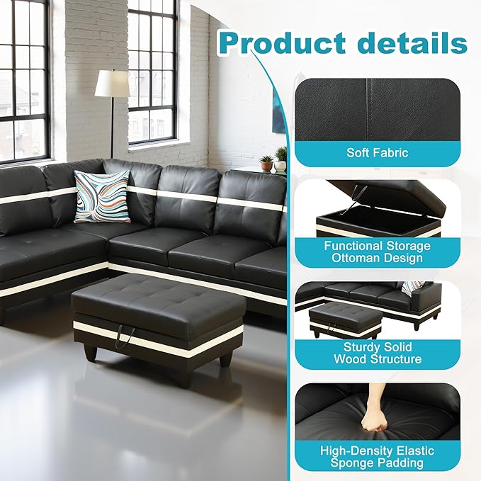 L Shaped Couch PU Leather Sectional Couch Upholstered 3 Pieces Sofas - Image 5