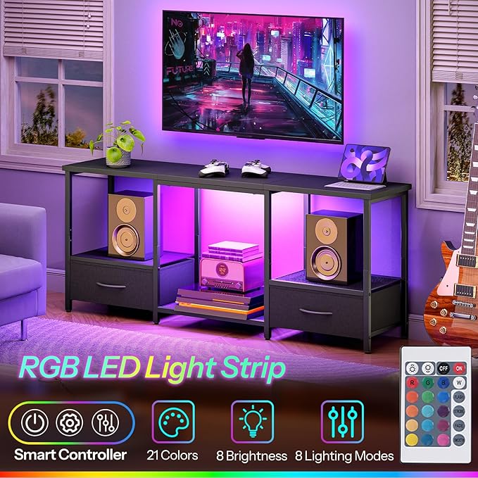 HOOBRO LED TV Stand with Storage, LED Entertainment Center with Open Shelves - Image 2