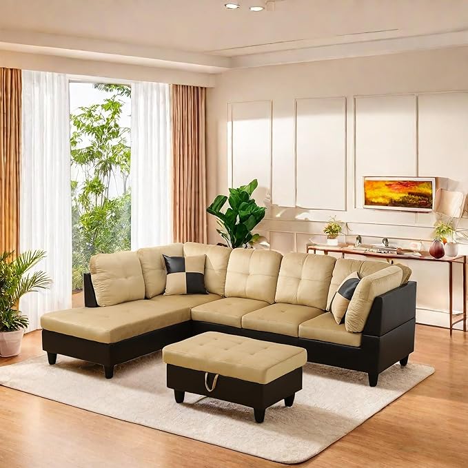 L Shaped Sectional Sofa with Ottoman, Color Blocking Flannel Leather Right by GlasFlength