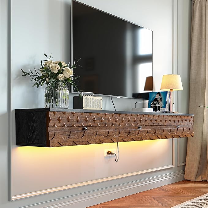 Fully-Assembled Floating TV Stand, Vintage Carved Floating Entertainment Center - Image 3