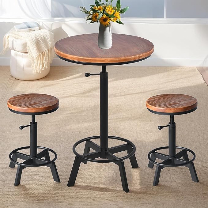 Set of 2-Industrial Bar Stool-Counter Height Chairs- Swivel Wooden Seat- - Image 6