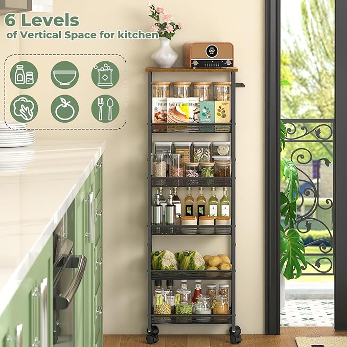 6 Tier Slim Storage Cart with Handle, Rolling Kitchen Laundry Room Storage Cart - Image 7