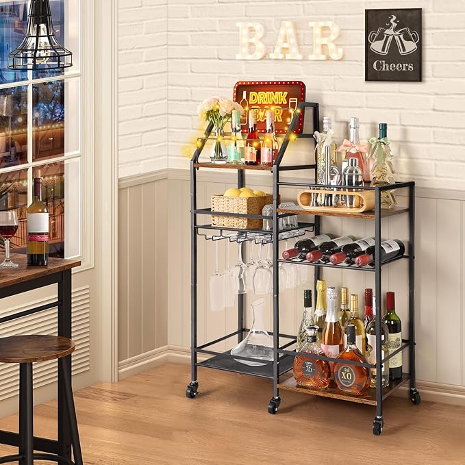 VINAEMO Rolling Bar Cart with Wine Glass Holder, Mini Bar - Image 2