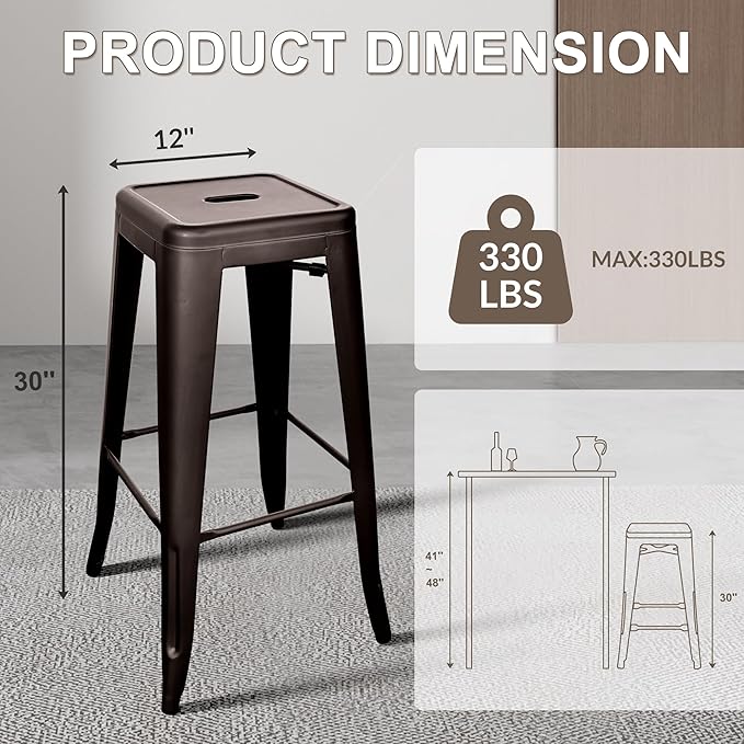 30 Inches Metal Bar Stools, High Backless Stools, Indoor Outdoor Stackable - Image 3