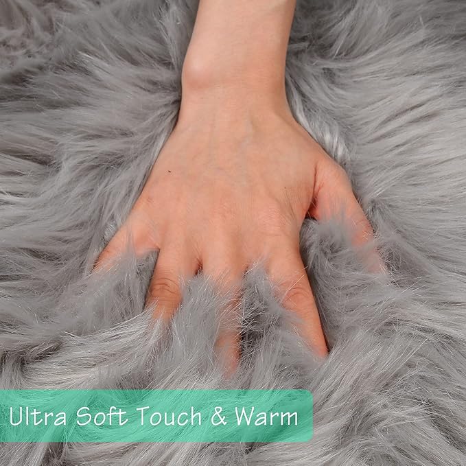 duduta Grey Faux Sheepskin Round Rug 4x4 ft, Fluffy Shag Fur Bedroom Nursery - Image 4