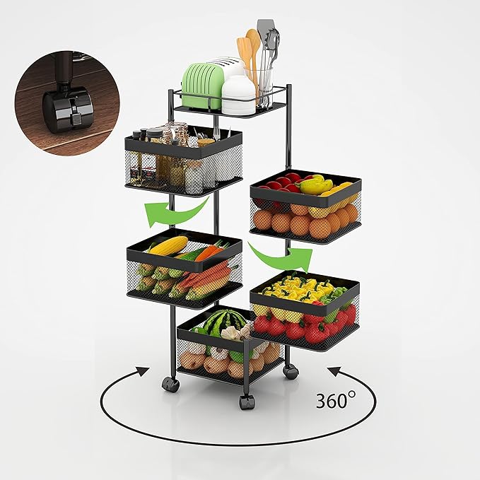 Fruit and Vegetable Basket for Kitchen No Assembly， Rotating Storage Rack - Image 6