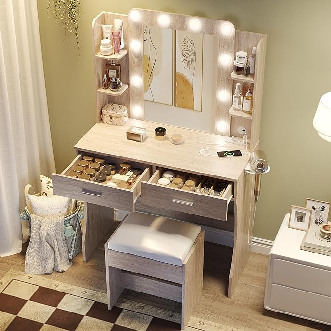 Vabches Vanity Desk with Mirror and Lights, Makeup Vanity Table with Charging - Image 3
