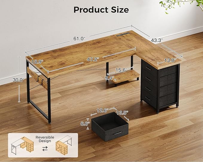 AODK L Shaped Desk with 4 Tier Drawers, L Shaped Computer Table with USB - Image 3