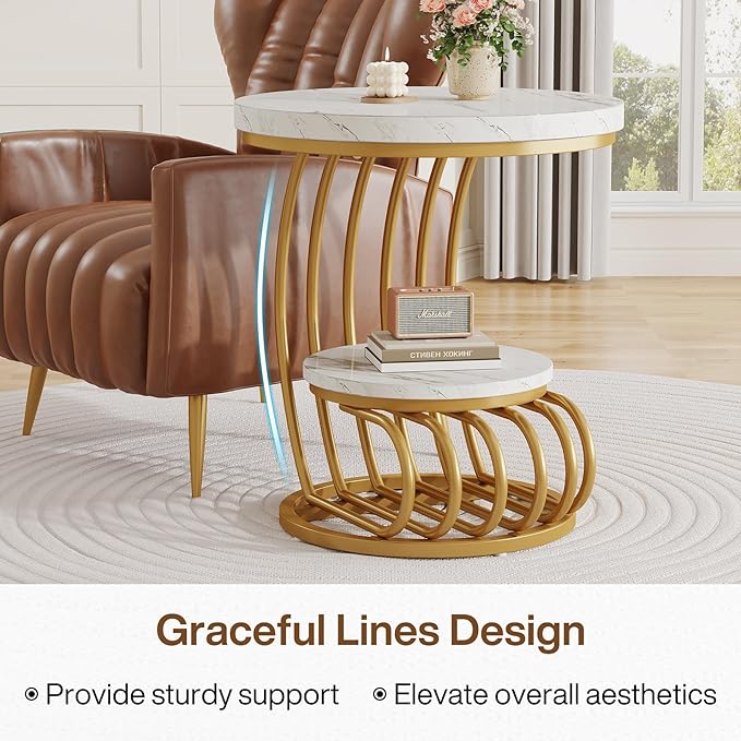Tribesigns Gold Round End Table: 2 Tiers Side Table Set of 2 - Image 8