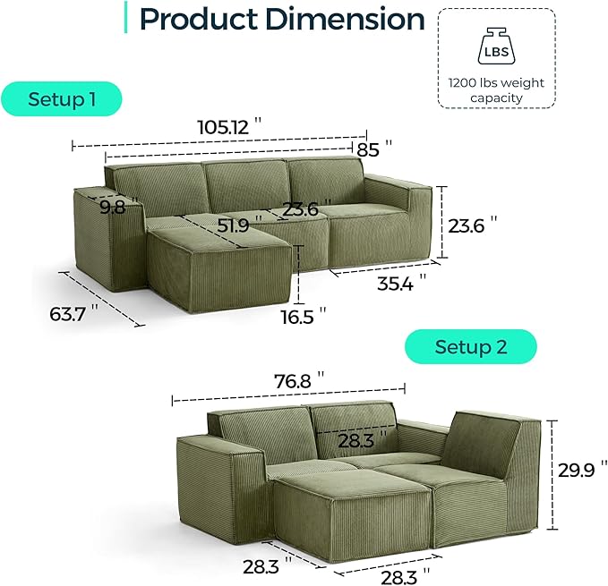 LINSY HOME Modular Sectional Sofa, Corduroy Sectional Cloud Couches - Image 2