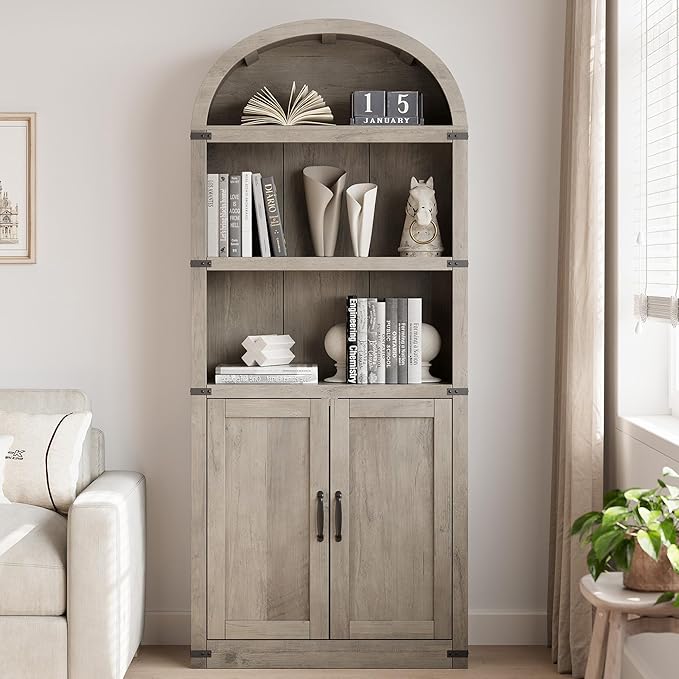 Garveehome Bookcase with Doors Arched Bookshelf 71.65in Tall Bookcase Farmhouse - Image 3