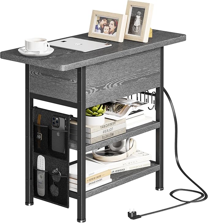 End Table with Charging Station, Flip Top Nightstand with USB Ports and Outlets - Image 7