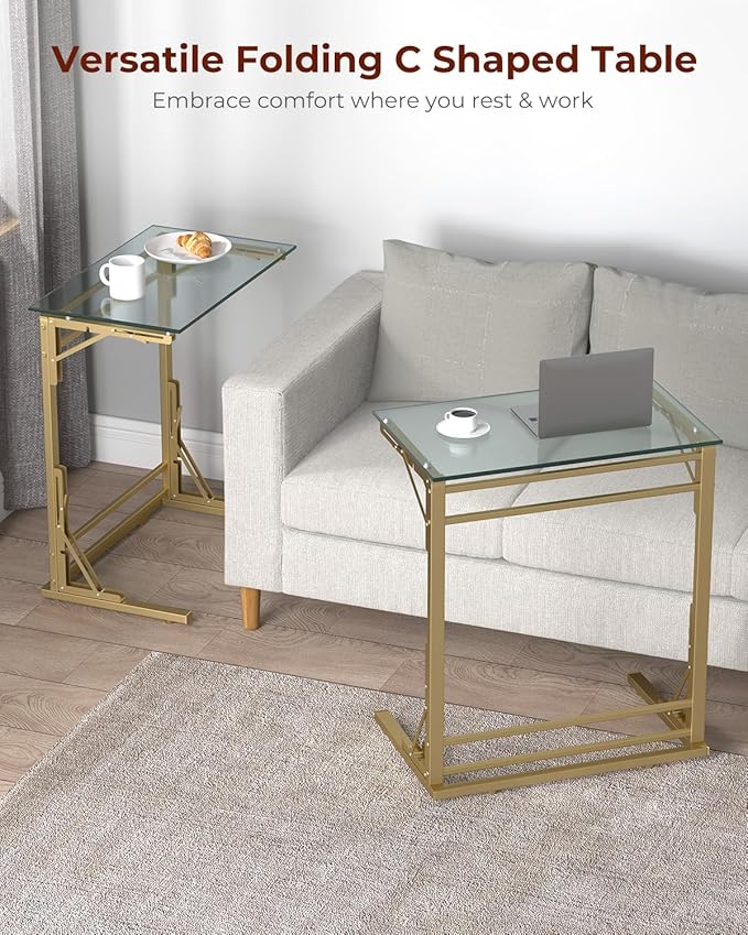 Tatub 24" Folding TV Tray Table Set of 2, Glass C Shaped End Table - Image 3