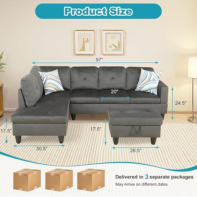 L Shaped Couch Modern Sectional Couch Upholstered Flannel Fabric 3 Pieces Sofas - Image 2