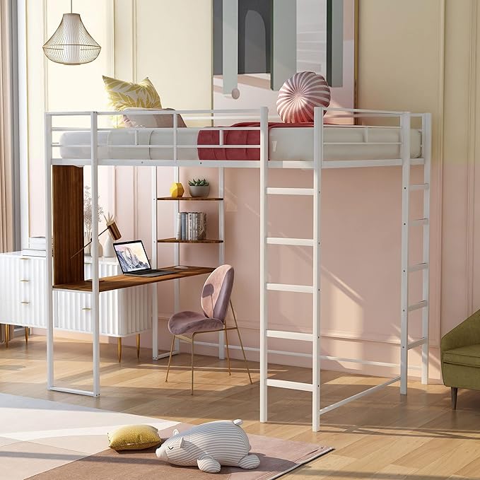 Full Size Metal Loft Bed with 2 Storage Shelves and 1 Desk, Steel Structure Bed - Image 3