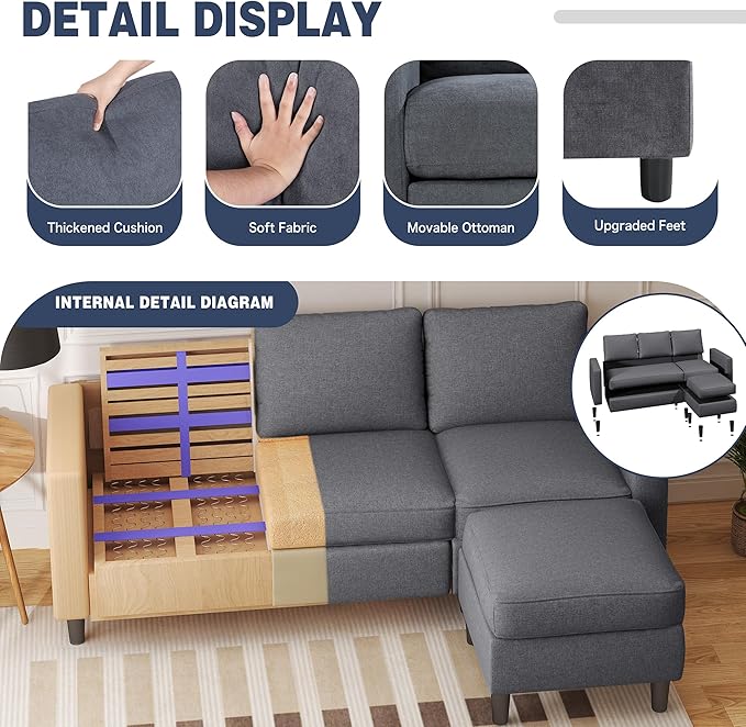 Small Sectional Sofa Couch, 3 Seat L Shaped Couches - Image 3