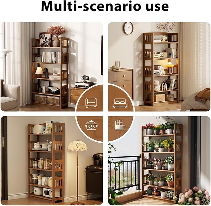 5-Tier Solid Wood Open Bookcase, Modern Display Bookshelf, Farmhouse Wide - Image 4