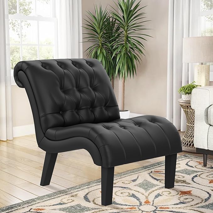 Yongqiang Black Faux Leather Accent Chair Modern Button Tufted Upholstered - Image 4