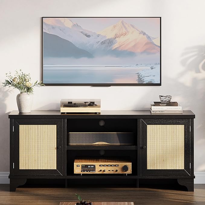 GarveeHome Rattan TV Stand for Living Room, Boho Entertainment Center for 55 - Image 2