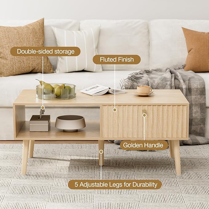 Coffee Table with Storage, Boho Dining Table with Fluted Drawer and Solid Wood - Image 3