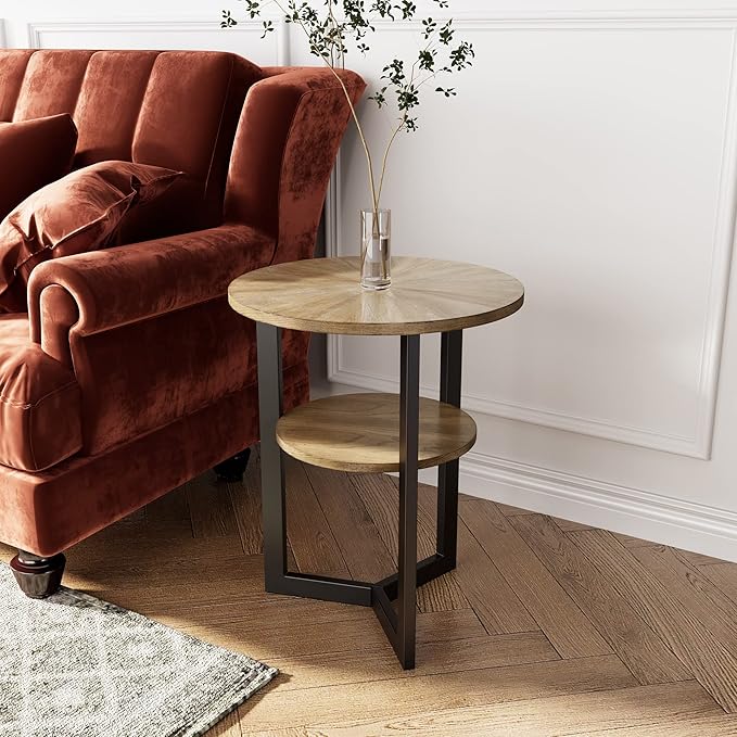 LEEMTORIG Round Side Table, 2-Tier High End Table Nightstand by LEEMTORIG