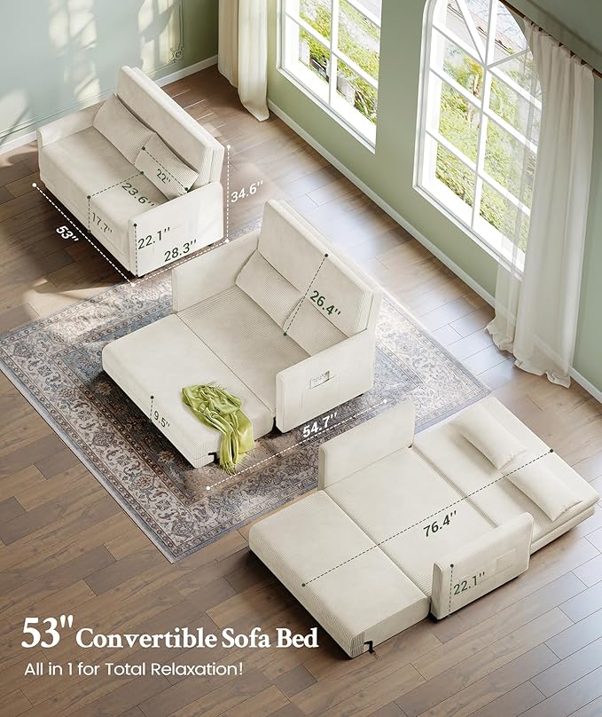 53” Convertible Sofa Bed Couch, Corduroy Couch Bed, 6-Position Loveseat Sleeper - Image 2
