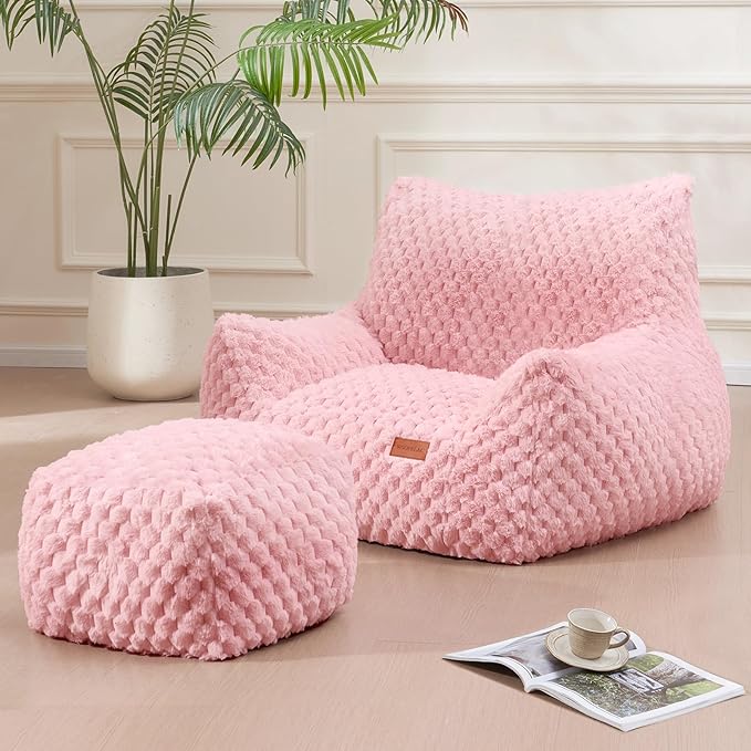 Bedroom Bean Bags Chair with Foot Stool, Comfy Reading Chair with Filler by Unknown