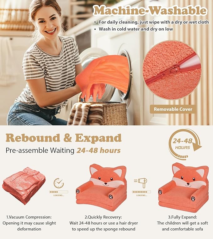 Kids Couch, 2-in-1 Soft Toddler Couch Fold Out - Image 7